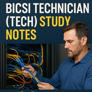 May include: Book cover for "BICSI Technician (Tech) Study Notes" by Tony McCann. The image features a man examining network cables. The cover includes the text "500 Notes for Faster Learning & Exam Success."
