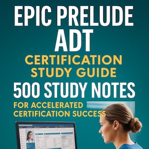 Può includere: Immagine di una copertina di libro intitolata "EPIC PRELUDE ADT CERTIFICATION STUDY GUIDE" con il testo "500 STUDY NOTES" e "FOR ACCELERATED CERTIFICATION SUCCESS." Una donna in camice blu sta lavorando al computer. Uno stetoscopio è sul tavolo. L'autore è Edward Wong.