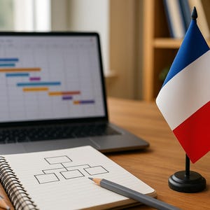 May include: A desk setup featuring a laptop displaying a project timeline, a notepad with a flowchart, and a small French flag. The flag is red, white, and blue. Pencils and a notebook are also on the wooden desk.