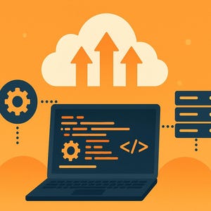 May include: A laptop computer with code on the screen, connected to a cloud with arrows pointing upwards, and a server rack. The laptop is on a yellow background with a gear icon on the left and a code icon on the right.