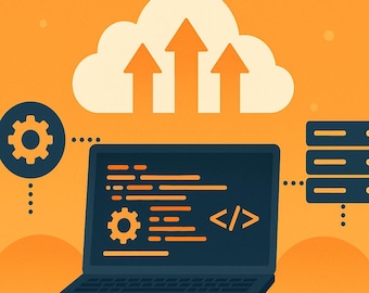 May include: A laptop computer with code on the screen, connected to a cloud with arrows pointing upwards, and a server rack. The laptop is on a yellow background with a gear icon on the left and a code icon on the right.