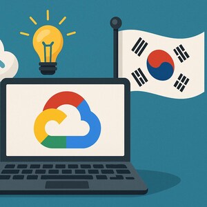 Peut inclure: Illustration d'un ordinateur portable affichant un logo de cloud computing, une ampoule, un nuage avec un symbole Wi-Fi et un drapeau sud-coréen. L'ordinateur portable est noir et le fond est de couleur bleu sarcelle.
