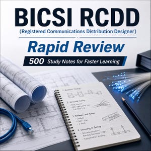 May include: A study guide titled BICSI RCDD Registered Communications Distribution Designer Rapid Review 500 Study Notes for Faster Learning. The cover features technical blueprints, a spiral notebook with handwritten notes, a blue ethernet cable, and fiber optics.