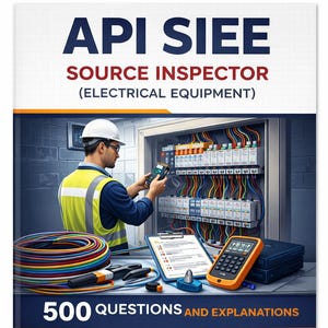 以下が含まれることがあります： 「API SIEE SOURCE INSPECTOR (ELECTRICAL EQUIPMENT)」というタイトルの本の表紙。電気技師が電気機器を検査している様子が描かれています。表紙には「500 QUESTIONS AND EXPLANATIONS」というテキストも含まれています。