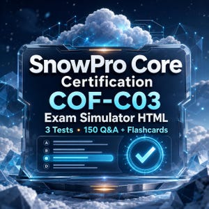 May include: A digital display featuring the text SnowPro Core Certification COF-C03 Exam Simulator HTML, 3 Tests, 150 Q&A + Flashcards. The interface includes a multiple-choice question layout with options A, B, C, and D, and a blue checkmark icon.