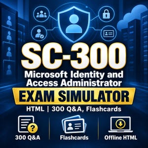 May include: A digital graphic for an SC-300 Microsoft Identity and Access Administrator exam simulator. The design features a blue background with a shield icon, text reading SC-300, 300 Q&A, Flashcards, and Offline HTML, plus icons for users, locks, and laptops.