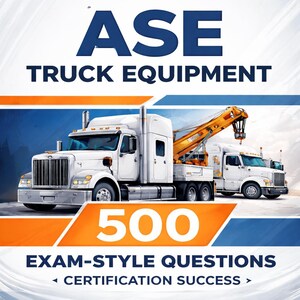 Peut inclure: Image d'un camion blanc avec une grue jaune et le texte "ASE TRUCK EQUIPMENT". En dessous, le texte indique "500 EXAM-STYLE QUESTIONS CERTIFICATION SUCCESS."