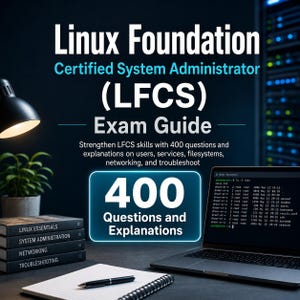 Op de afbeelding: Een boekomslag getiteld Linux Foundation Certified System Administrator (LFCS) Exam Guide, met een stapel van vier boeken, een laptop met een opdrachtregelinterface, een notitieblok met een pen en een bureaulamp.