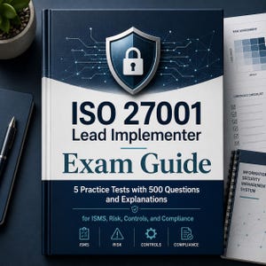 May include: A dark blue and white book titled ISO 27001 Lead Implementer Exam Guide. The cover features a shield icon with a padlock, the text 5 Practice Tests with 500 Questions and Explanations, and icons for ISMS, Risk, Controls, and Compliance.