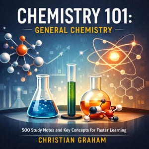 Puede incluir: Portada del libro "CHEMISTRY 101: GENERAL CHEMISTRY" con ilustraciones científicas. Presenta vasos de precipitados con líquidos de colores, modelos moleculares y el nombre del autor, Christian Graham. El texto también menciona "500 Study Notes and Key Concepts for Faster Learning."