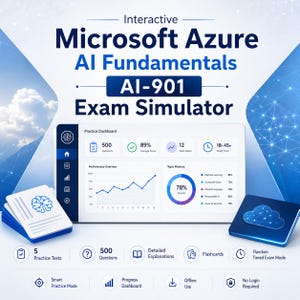 Può includere: Interfaccia software dell'Interactive Microsoft Azure AI Fundamentals AI-901 Exam Simulator con una dashboard di pratica, grafici delle prestazioni, diagrammi di padronanza degli argomenti, 500 domande, 12 test eseguiti e 18h 45m di studio, con flashcard e icone per le modalità.
