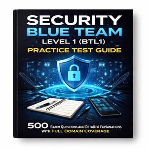 May include: A book cover titled "SECURITY BLUE TEAM LEVEL 1 (BTL1) PRACTICE TEST GUIDE." The cover displays a blue shield with a padlock, a notepad, a smartphone, and the text "500 EXAM QUESTIONS AND DETAILED EXPLANATIONS WITH FULL DOMAIN COVERAGE."