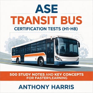 May include: A book cover featuring a white transit bus with orange and blue accents. The title reads "ASE TRANSIT BUS CERTIFICATION TESTS (H1-H8)". Below the bus, it says "500 STUDY NOTES AND KEY CONCEPTS FOR FASTER LEARNING" by Anthony Harris.