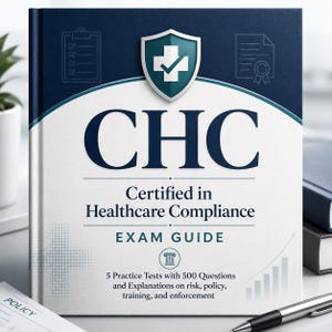 May include: A square book titled CHC Certified in Healthcare Compliance Exam Guide with a dark blue and white cover. The cover features a shield icon with a medical cross, a checklist, a certificate icon, and text detailing 5 practice tests.
