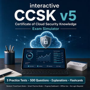 May include: An interactive CCSK v5 Certificate of Cloud Security Knowledge exam simulator displayed on a tablet with a keyboard. The screen shows a progress dashboard with charts. Includes a stack of flashcards, a pen holder, and a notebook.