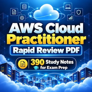 Könnte beinhalten: Eine digitale Grafik für AWS Cloud Practitioner Rapid Review PDF mit dem Text 390 Study Notes for Exam Prep. Das Design zeigt ein zentrales weißes Wolkensymbol, blaue Servertürme und verschiedene Technologiesymbole auf dunkelblauem Grund.
