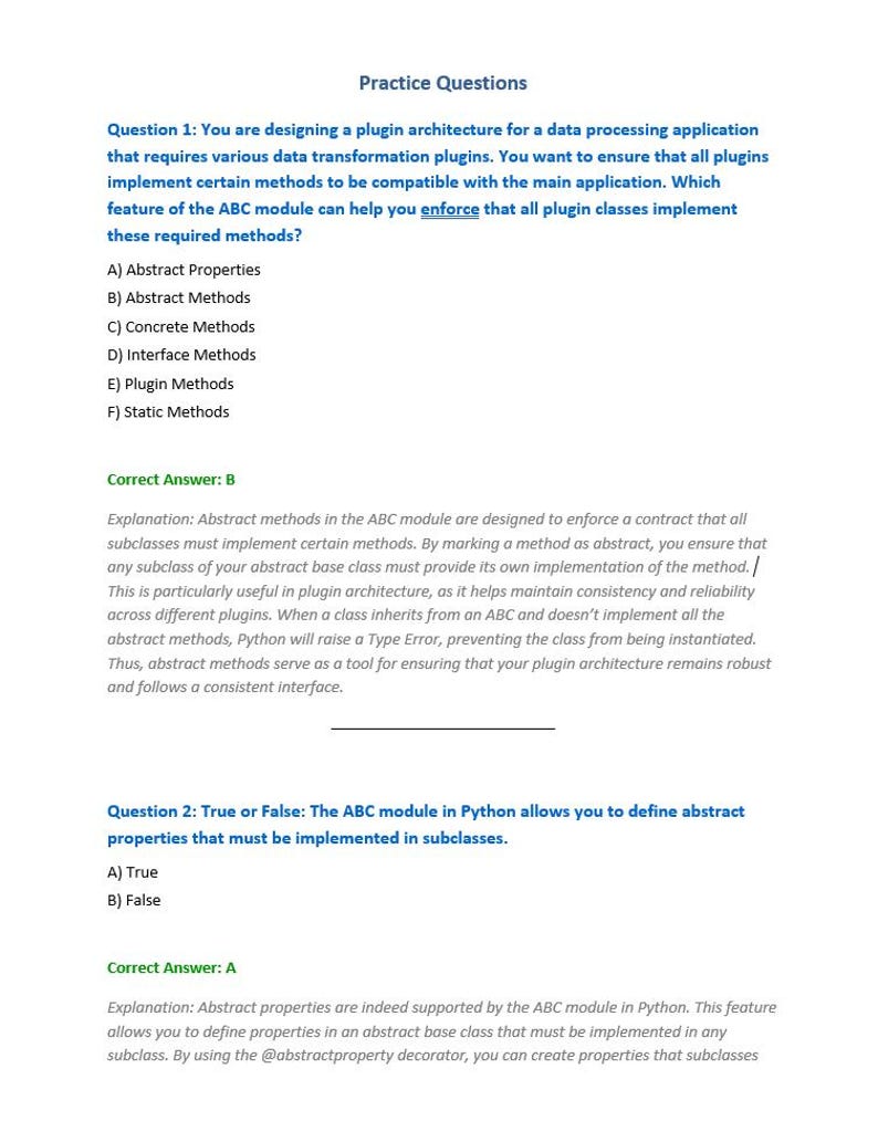 May include: A white document featuring the title "Practice Questions" and two questions concerning the ABC module in Python. The questions and answers are in black text, with the correct answers highlighted.