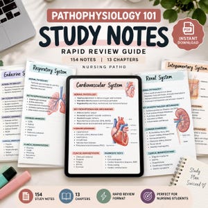 May include: Pathophysiology 101 study notes rapid review guide featuring 154 notes across 13 chapters. The digital display shows the cardiovascular system with anatomical heart illustrations, normal physiology, key mechanisms, and clinical manifestations.