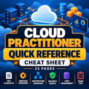 Peut inclure: Un graphique numérique intitulé CLOUD PRACTITIONER QUICK REFERENCE CHEAT SHEET 23 PAGES. Le design présente une icône de nuage centrale, des piles de serveurs et des graphiques sur un fond bleu. Des icônes pour les concepts clés sont incluses.