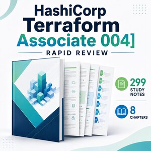 May include: A book titled HashiCorp Terraform Associate 004 Rapid Review with a blue and green cover featuring a geometric cube graphic. The book is displayed with several open pages showing study notes, 299 study notes, and 8 chapters listed.