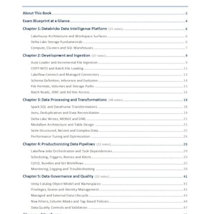 May include: A white page titled Table of Contents listing five chapters about Databricks Data Intelligence Platform. It details topics including Lakehouse Architecture, Delta Lake, Data Processing, Pipelines, and Data Governance with page numbers.