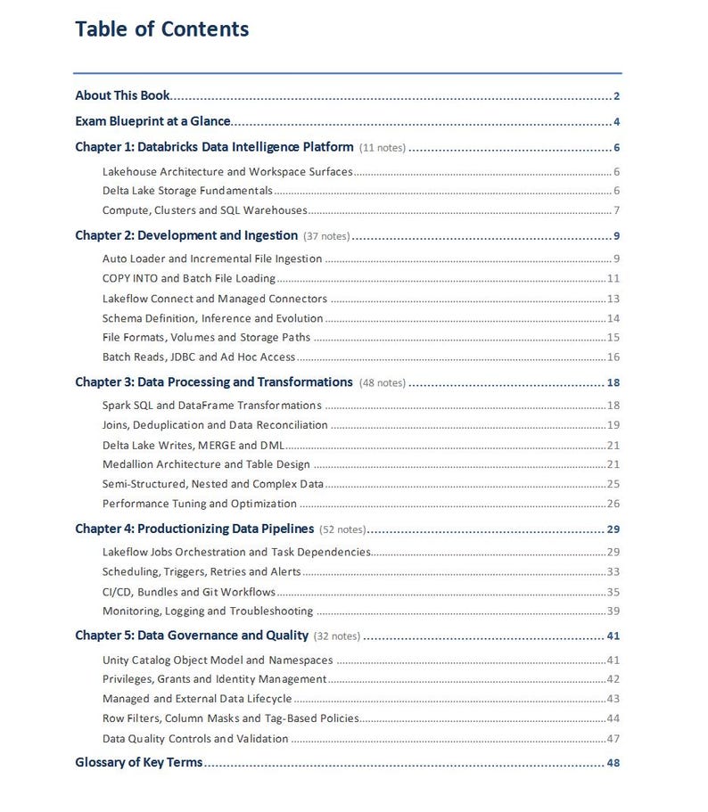 May include: A white page titled Table of Contents listing five chapters about Databricks Data Intelligence Platform. It details topics including Lakehouse Architecture, Delta Lake, Data Processing, Pipelines, and Data Governance with page numbers.