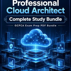 Puede incluir: Un gráfico digital para el Google Professional Cloud Architect Complete Study Bundle GCPCA Exam Prep PDF Bundle que presenta un icono de nube azul brillante conectado a bloques de servidor con varios iconos de datos incluyendo un candado.