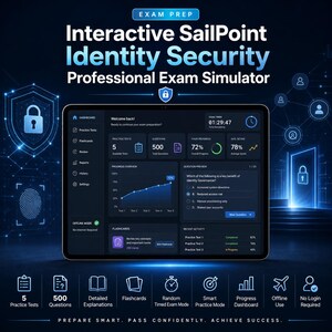 May include: A digital tablet displays an interactive SailPoint Identity Security Professional Exam Simulator dashboard with dark blue themes, featuring practice tests, progress charts, flashcards, and exam timer settings on a dark background.