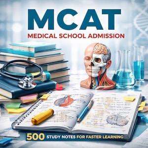 May include: An image promoting MCAT study materials. The image features a stack of books, a stethoscope, and an open notebook with handwritten notes and diagrams. A model of a human head with exposed brain and skull is also present, along with beakers and the text "500 Study Notes for Faster Learning."