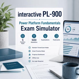 May include: An interactive PL-900 Power Platform Fundamentals exam simulator digital product display. The text highlights 5 practice tests, 500 questions, explanations, flashcards, random timed exam mode, smart practice mode, progress dashboard, offline use, and no login required features.