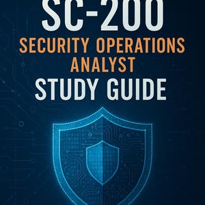 May include: A blue digital shield with a circuit board design and binary code, with the text "MICROSOFT SC-200 SECURITY OPERATIONS ANALYST STUDY GUIDE" above it.