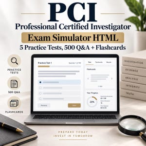 May include: A laptop displaying a PCI Professional Certified Investigator exam simulator interface with 5 practice tests, 500 Q&A, and flashcards. The screen shows a test question, progress charts, and navigation buttons. A magnifying glass and notebook are nearby.