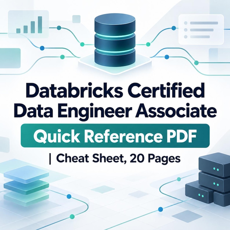 May include: A digital document titled Databricks Certified Data Engineer Associate Quick Reference PDF | Cheat Sheet, 20 Pages. The graphic features a dark blue database icon, abstract network lines, and light blue data stack illustrations.