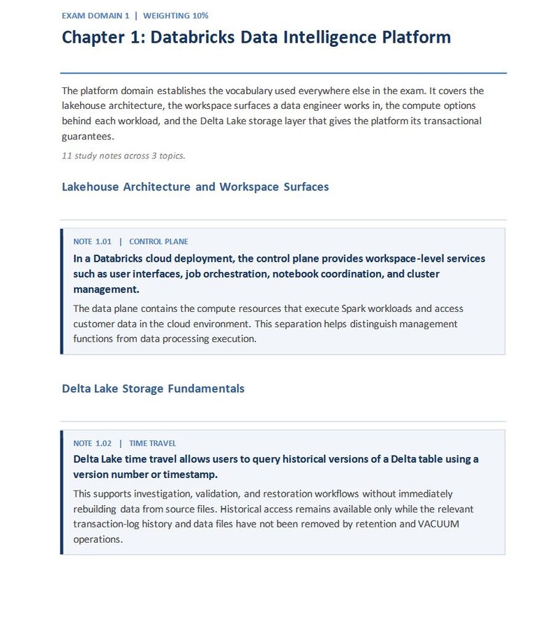 May include: A document titled Exam Domain 1, Chapter 1: Databricks Data Intelligence Platform. It contains study notes on Lakehouse Architecture, Workspace Surfaces, Control Plane, and Delta Lake Storage Fundamentals with technical descriptions.