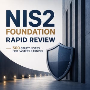May include: A digital image featuring the text "NIS2 FOUNDATION RAPID REVIEW" in navy blue and gold. A shield graphic is on the right. The text "500 STUDY NOTES FOR FASTER LEARNING" is also present. The background is a modern architectural design.