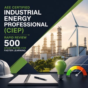 Puede incluir: Imagen que promociona la certificación de energía industrial. El texto dice "AEE CERTIFIED INDUSTRIAL ENERGY PROFESSIONAL (CIEP) RAPID REVIEW 500 STUDY NOTES FOR FASTER LEARNING." Incluye un bloc de notas, un bolígrafo, una bombilla y un indicador. El fondo presenta un aerogenerador, paneles solares y una planta industrial.