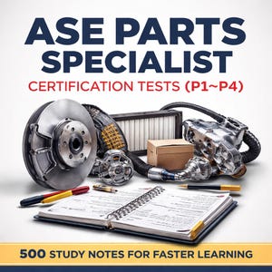 May include: Image features automotive parts and a notebook with the text "ASE PARTS SPECIALIST CERTIFICATION TESTS (P1~P4)". The image also includes the text "500 STUDY NOTES FOR FASTER LEARNING". Pens and a small box are also visible.