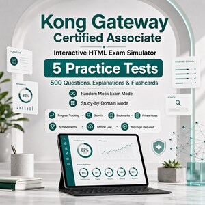 May include: A tablet with a keyboard cover displays a dashboard showing progress charts and domain breakdown percentages. The screen features text for Kong Gateway Certified Associate, 5 Practice Tests, 500 Questions, and various study modes.