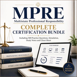 May include: A digital study bundle for the MPRE Multistate Professional Responsibility exam. Includes a tablet displaying a study dashboard, a stack of four books titled Legal Ethics, Professional Responsibility, Legal Principles, and Ethics and the Law.