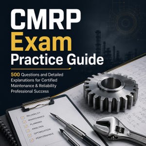May include: A CMRP Exam Practice Guide book cover featuring the text 500 Questions and Detailed Explanations for Certified Maintenance & Reliability Professional Success, a metal gear, a wrench, and a clipboard with a checklist of technical terms.