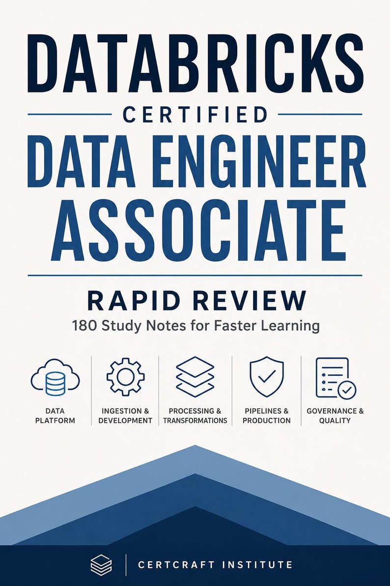 May include: A white educational document titled DATABRICKS CERTIFIED DATA ENGINEER ASSOCIATE RAPID REVIEW 180 Study Notes for Faster Learning. It features five blue icons representing Data Platform, Ingestion, Processing, Pipelines, and Governance.