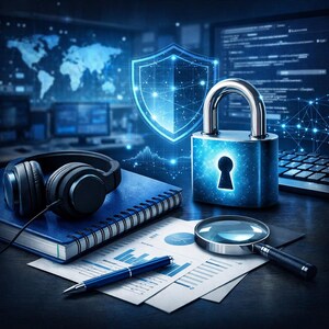 Puede incluir: Ilustración digital con un candado azul brillante, un ojo de cerradura, un escudo y auriculares. Un cuaderno, un bolígrafo, una lupa y gráficos sugieren seguridad y análisis de datos.