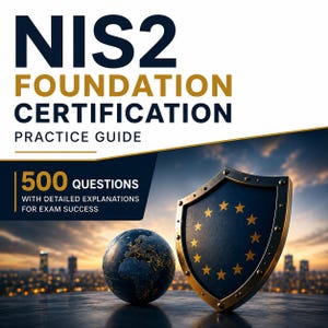 May include: A book cover with the title "NIS2 FOUNDATION CERTIFICATION PRACTICE GUIDE" in navy and gold. The cover features a globe, a shield with gold stars, and the text "500 QUESTIONS WITH DETAILED EXPLANATIONS FOR EXAM SUCCESS."