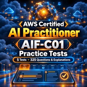 May include: A digital graphic for AWS Certified AI Practitioner AIF-C01 Practice Tests featuring 5 tests and 325 questions and explanations. The design includes a glowing orange and blue network sphere, dark clouds, and a futuristic interface panel.