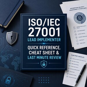 May include: A dark blue book cover titled ISO/IEC 27001 LEAD IMPLEMENTER QUICK REFERENCE, CHEAT SHEET & LAST MINUTE REVIEW. The cover features a white shield icon with a padlock, surrounded by a digital circuit pattern and exam prep materials.