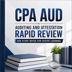 May include: A stack of three books with blue covers and white pages. The top book has the title "CPA AUD" in large, dark blue letters. Below, the text reads "Auditing and Attestation Rapid Review" and "500 Study Notes for Faster Learning."