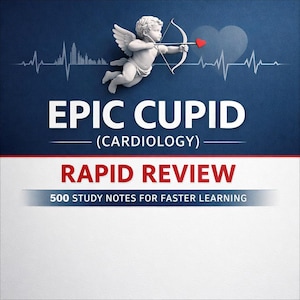 May include: A book cover with a blue background featuring a white cupid with a bow and arrow aiming at a heart. The title "EPIC CUPID (CARDIOLOGY) RAPID REVIEW" is displayed in large white and red text, with the subtitle "500 STUDY NOTES FOR FASTER LEARNING".