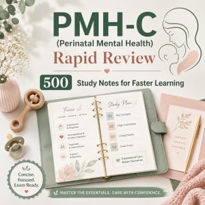 May include: A PMH-C Perinatal Mental Health Rapid Review study guide featuring 500 study notes. The open planner displays sections for Focus and Study Plan, including topics like assessment, diagnosis, and clinical points. It is surrounded by a wooden rattle, a pacifier, a gold pen, and a floral card with the text Support, Educate, Empower.