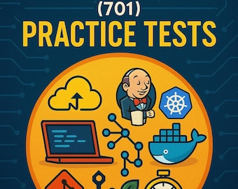 May include: A yellow circle with various icons related to Linux DevOps tools, including a cloud, a laptop, a network, a container, a stopwatch, a leaf, and a person. The text "LINUX DEVOPS TOOLS ENGINEER (701) PRACTICE TESTS" is at the top of the image. The text "400 QUESTIONS TO ACE YOUR CERTIFICATION" is at the bottom of the image.