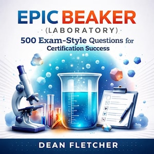 Puede incluir: Ilustración para la portada de un libro de texto de ciencias. El título dice "EPIC BEAKER" en azul y naranja. La imagen presenta un microscopio, vasos de precipitados, tubos de ensayo y una portapapeles con un bolígrafo. El texto dice "500 preguntas de estilo examen para el éxito de la certificación."